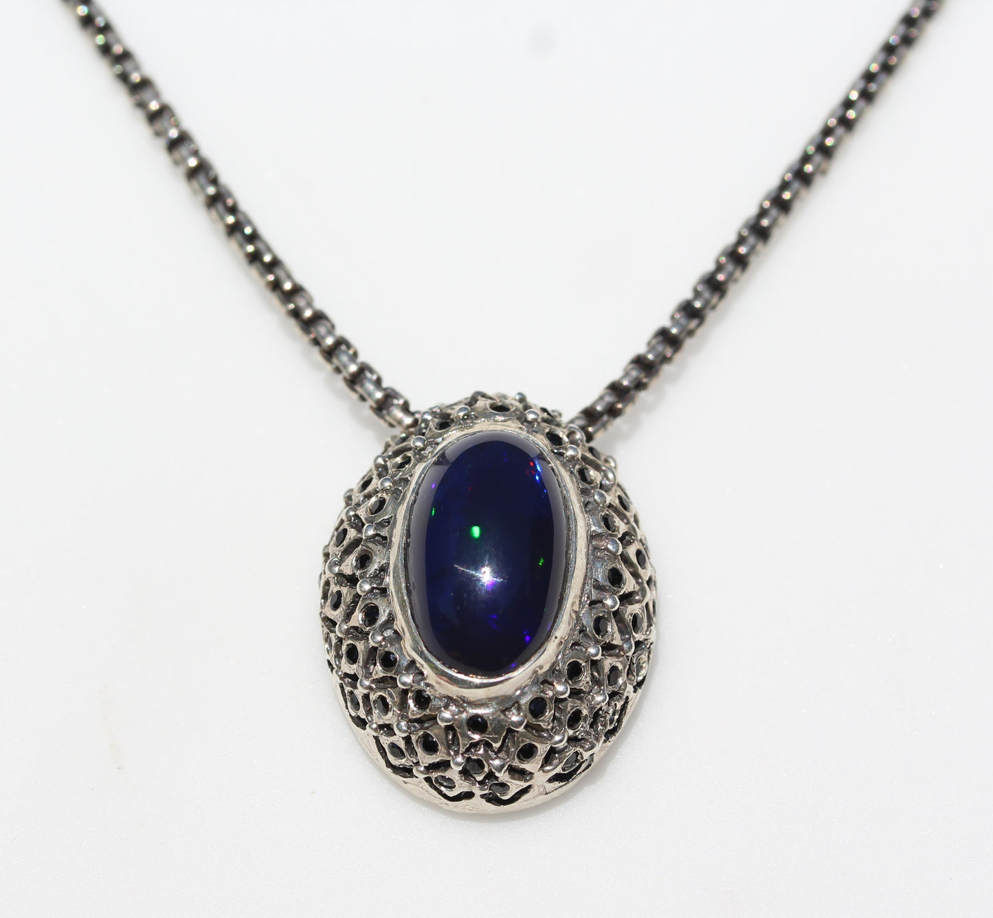 Black Opal & Spinel Pendant Sterling SilverChain Necklace #254