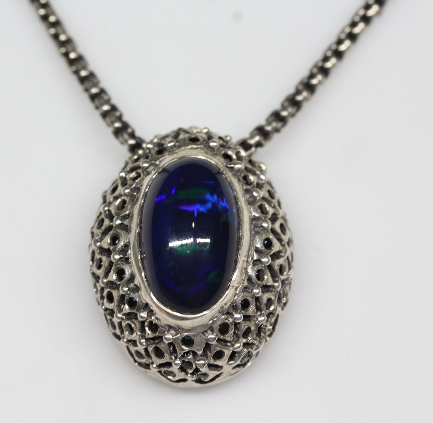 Black Opal & Spinel Pendant Sterling SilverChain Necklace #254