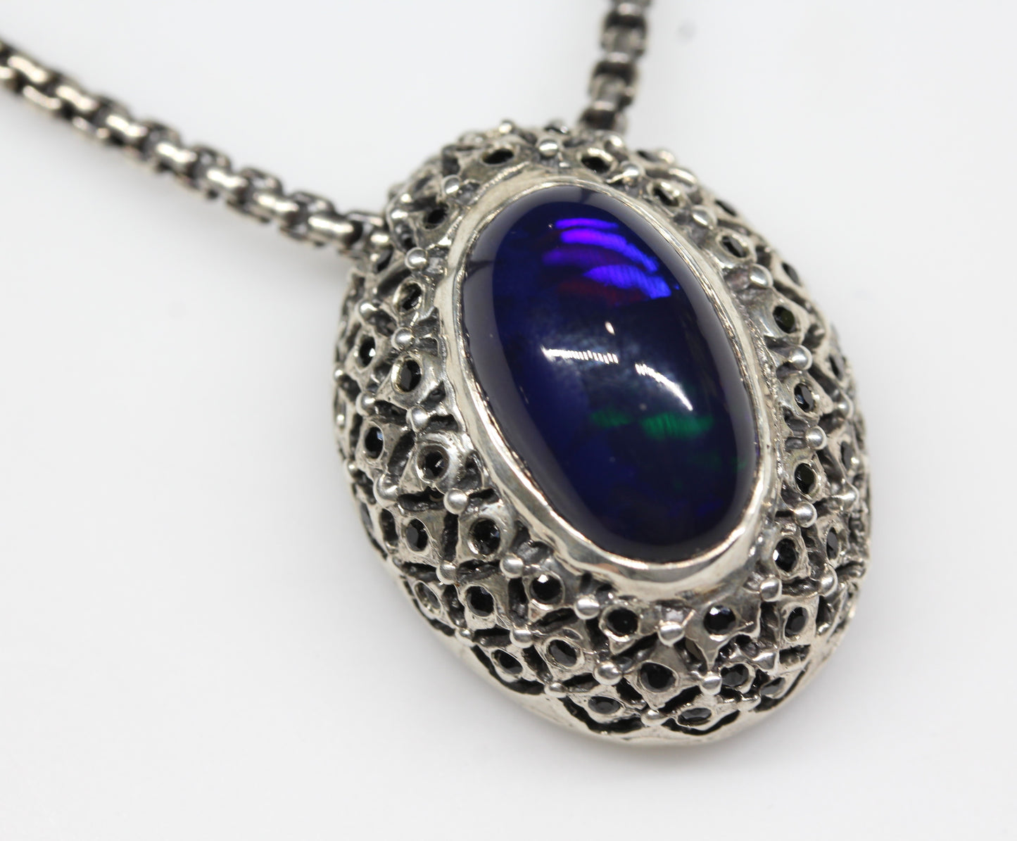 Black Opal & Spinel Pendant Sterling SilverChain Necklace #254