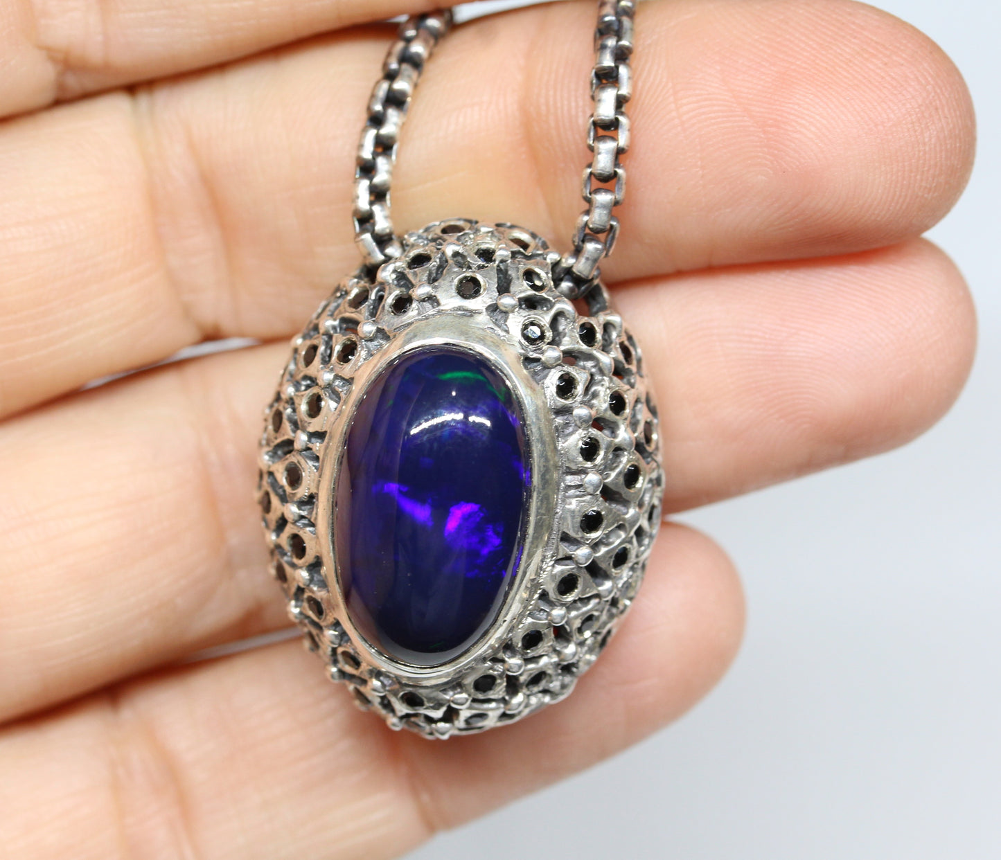 Black Opal & Spinel Pendant Sterling SilverChain Necklace #254