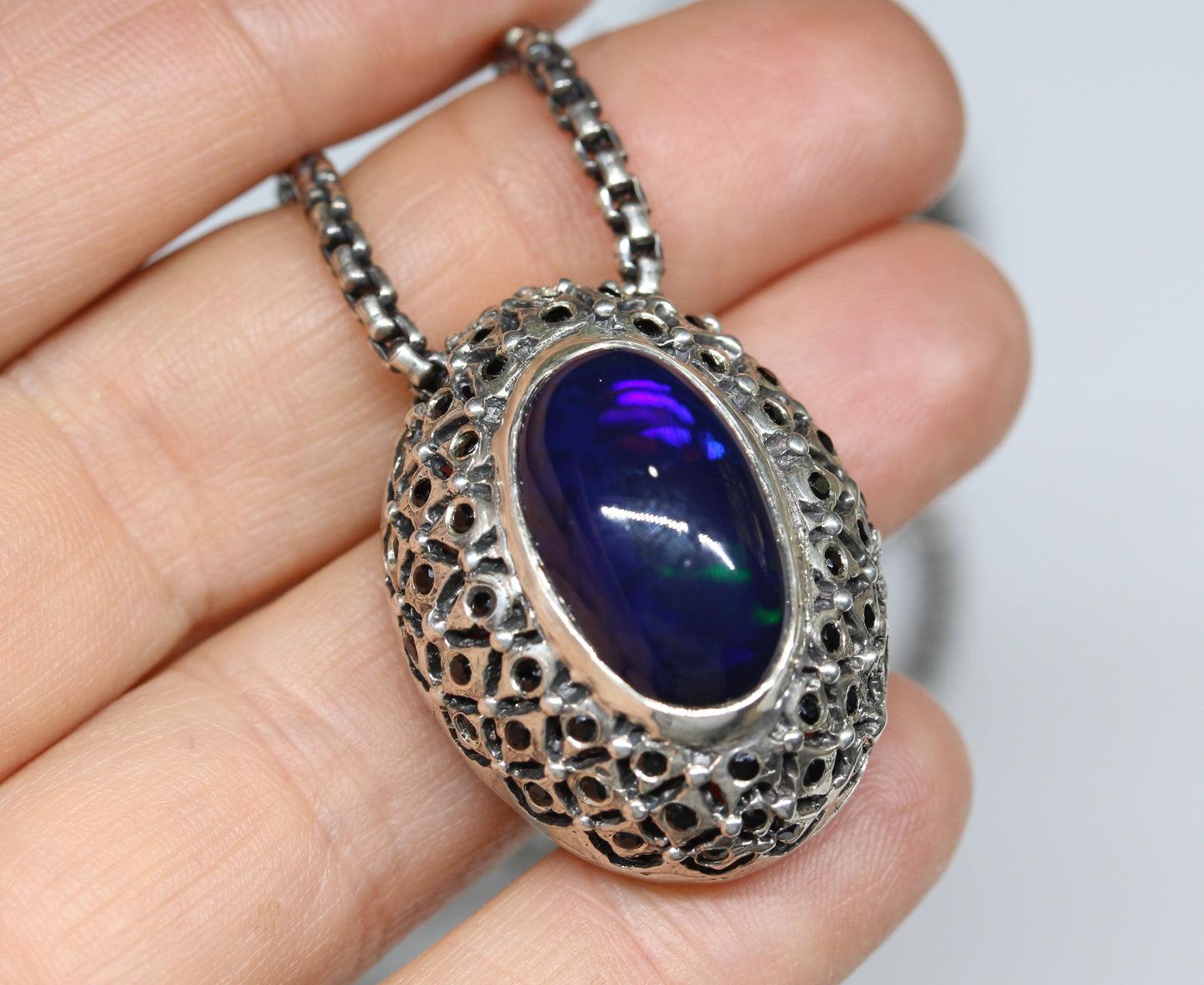 Black Opal & Spinel Pendant Sterling SilverChain Necklace #254