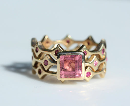 Made To Order - Pink Tourmaline & Sapphire Three Stacking Ring Set 14k Gold