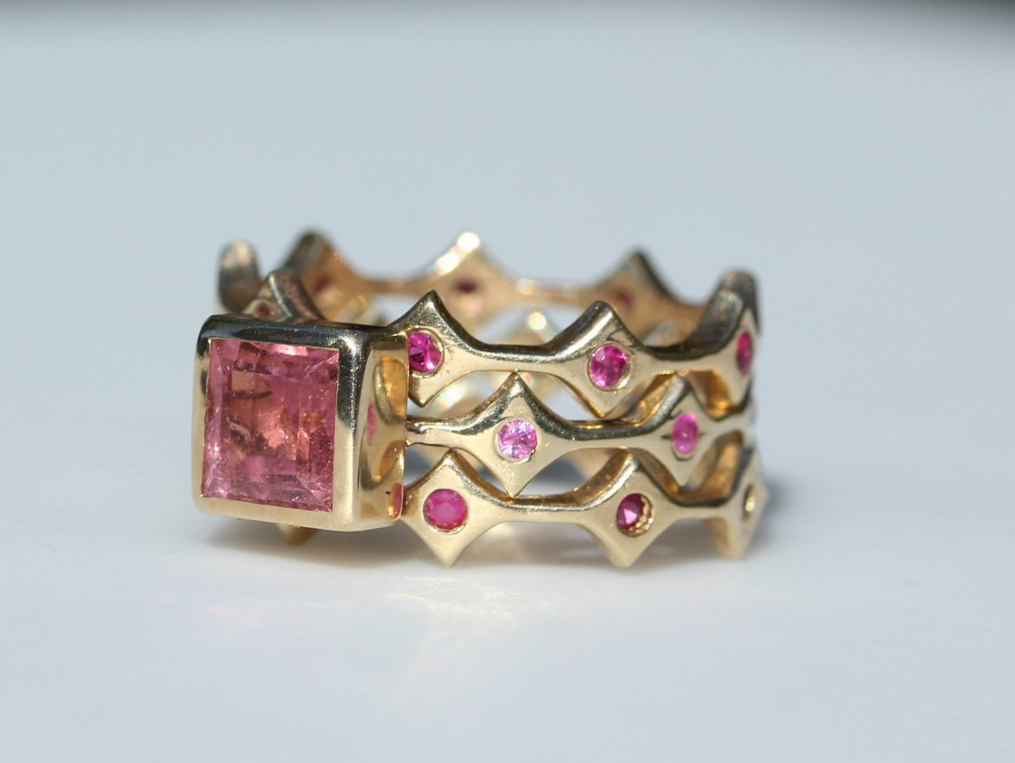 Made To Order - Pink Tourmaline & Sapphire Three Stacking Ring Set 14k Gold #257