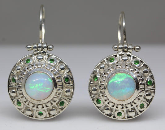 Natural Opal Dangle Earrings - Garnet Accents -  Sterling Silver  #267