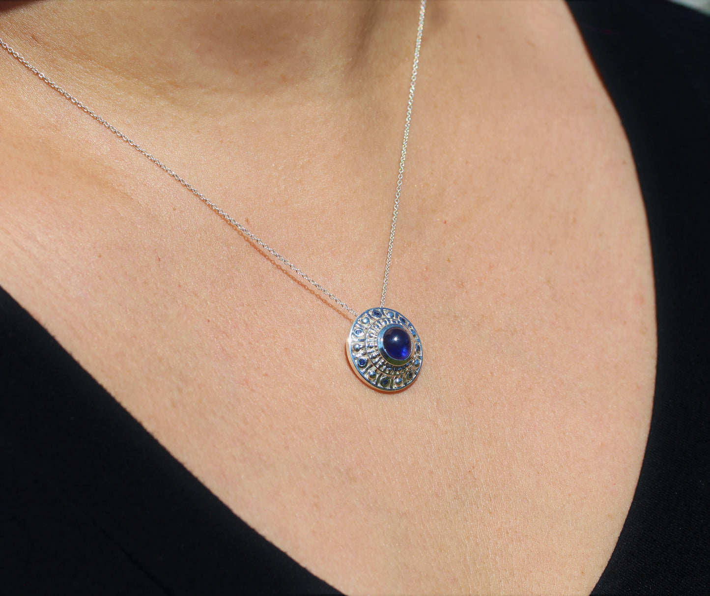 Blue Sapphire Medallion Pendant - Sterling Silver - #280