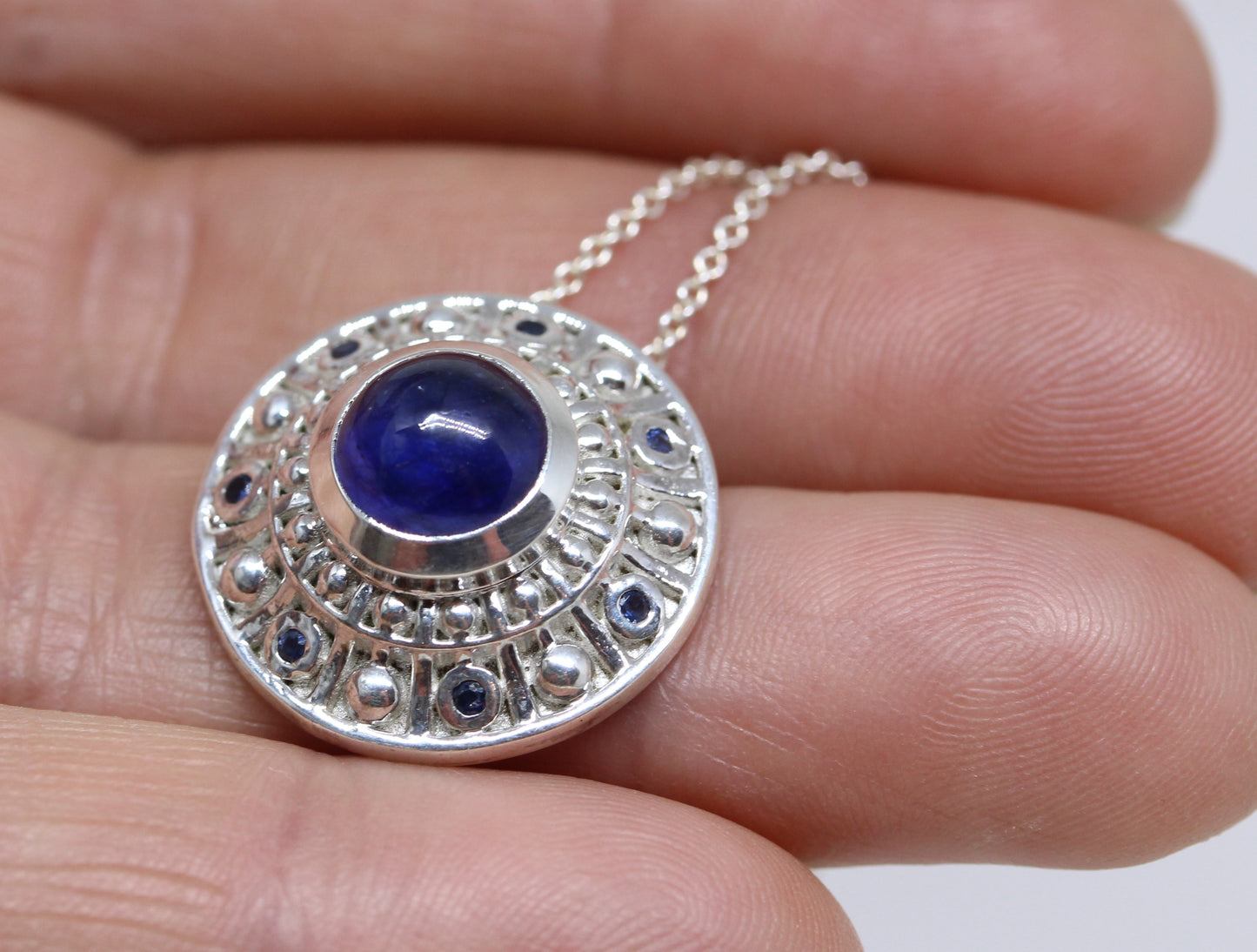 Blue Sapphire Medallion Pendant - Sterling Silver - #280