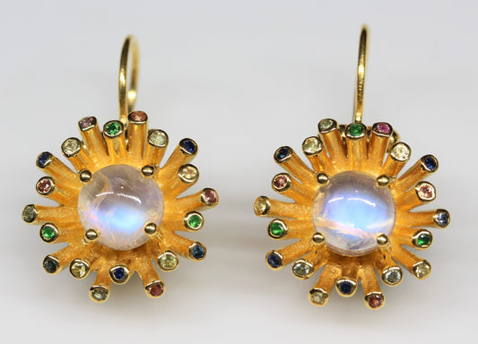 Starburst Moonstone Dangle Earrings 24k Gold Plated Color Gemstone Accents #284