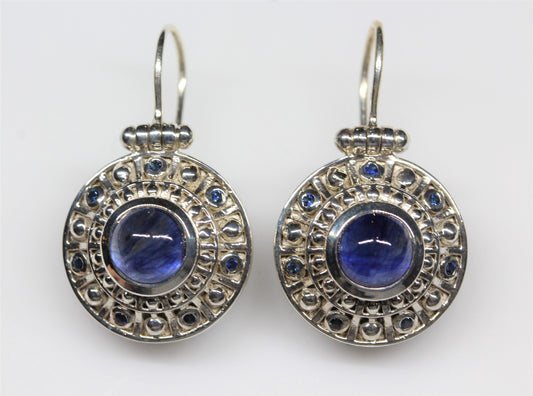 Blue Sapphire Medallion Dangle Earrings Sterling Silver #285