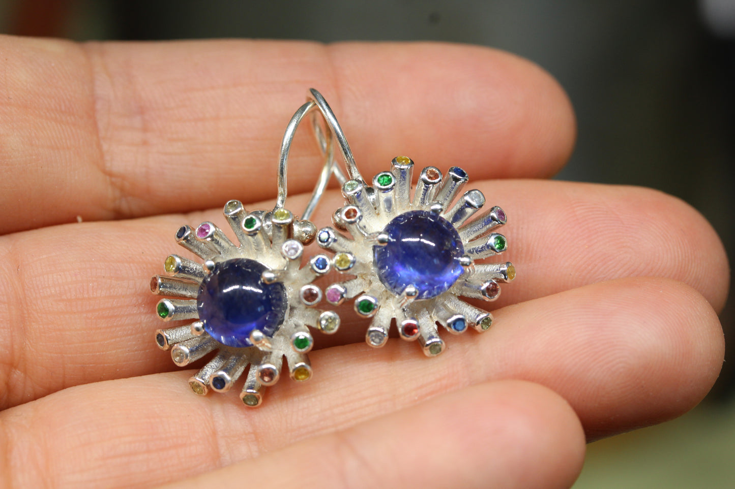 Blue Sapphire Dangle Earrings - Sterling Silver - Color Gemstones #291
