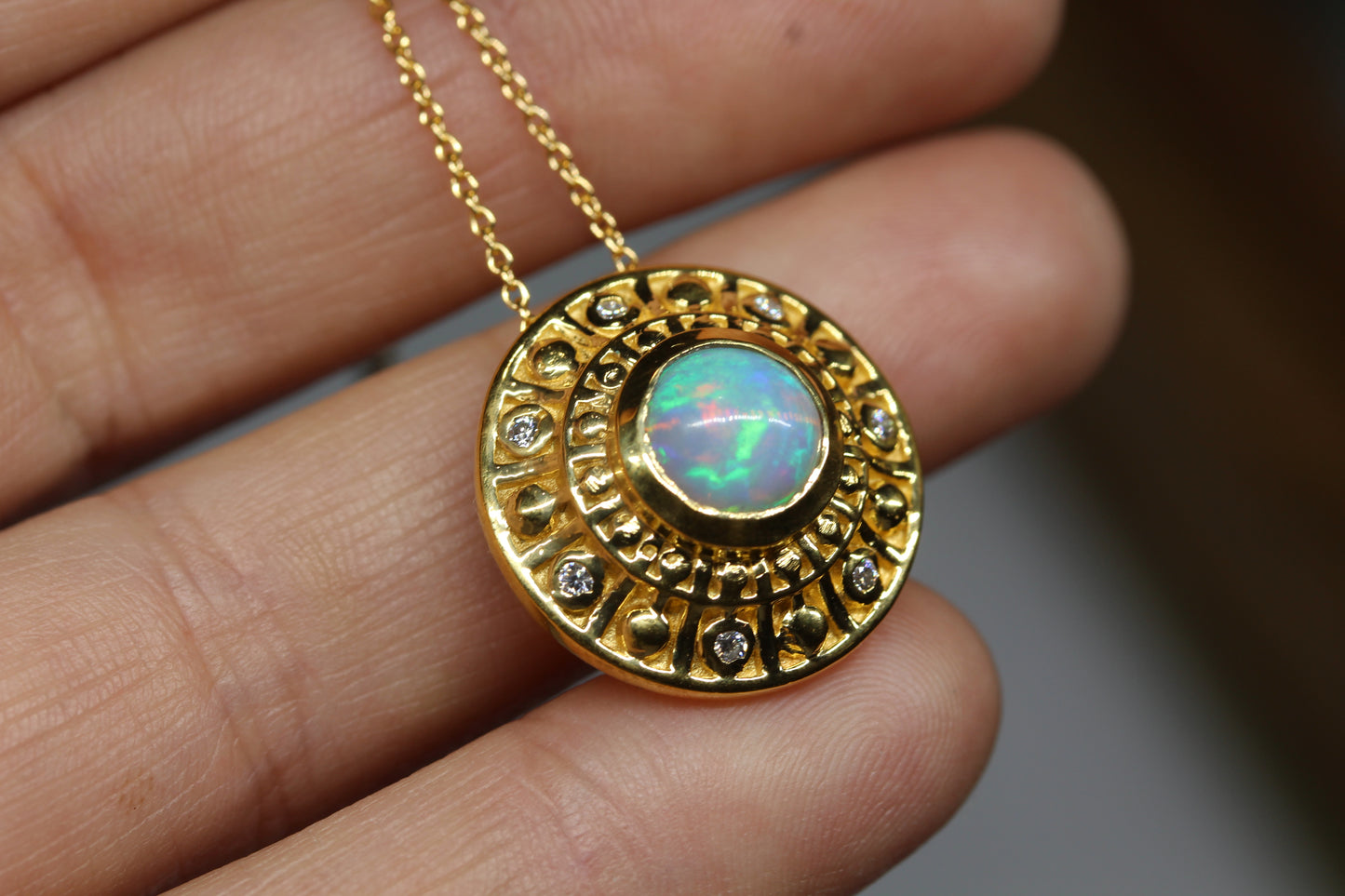 Natural Opal Medallion Pendant- 24k Gold Plated - Gemstone Necklace #295