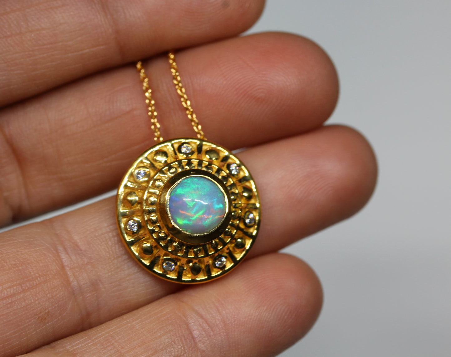 Natural Opal Medallion Pendant- 24k Gold Plated - Gemstone Necklace #295