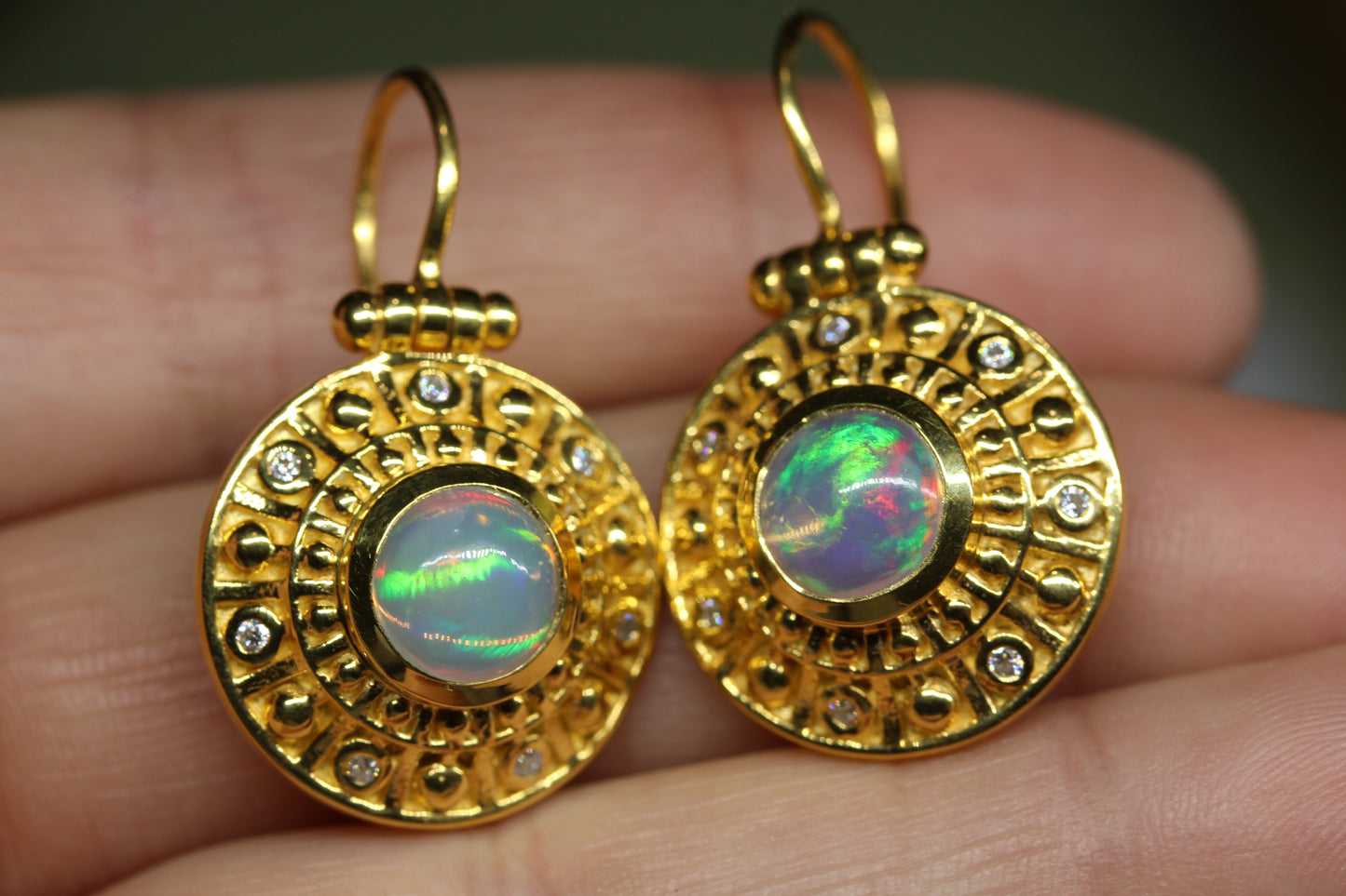 Natural Opal Dangle Earrings 24k Gold Plated Sterling Silver #296