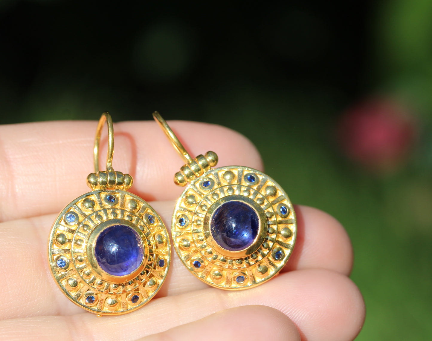 Blue Sapphire Dangle Earrings 24k Gold Plated Sterling Silver #297
