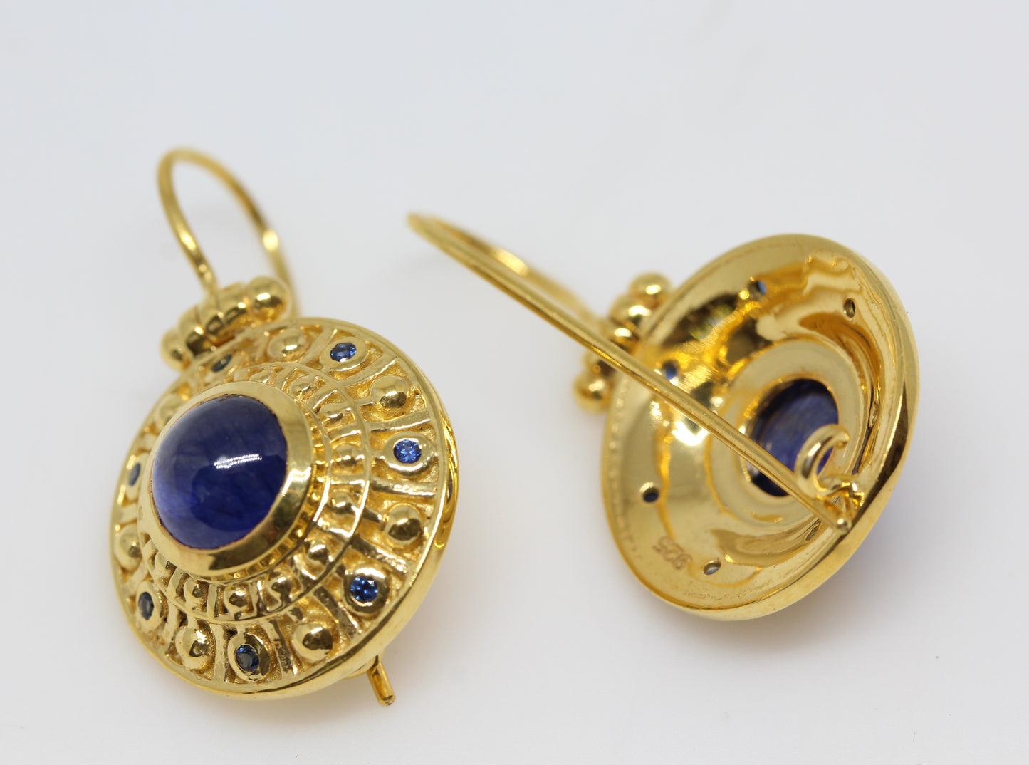 Blue Sapphire Dangle Earrings 24k Gold Plated Sterling Silver #297