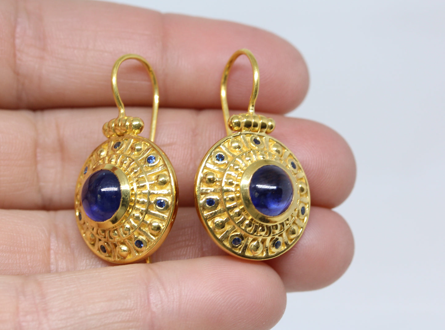Blue Sapphire Dangle Earrings 24k Gold Plated Sterling Silver #297