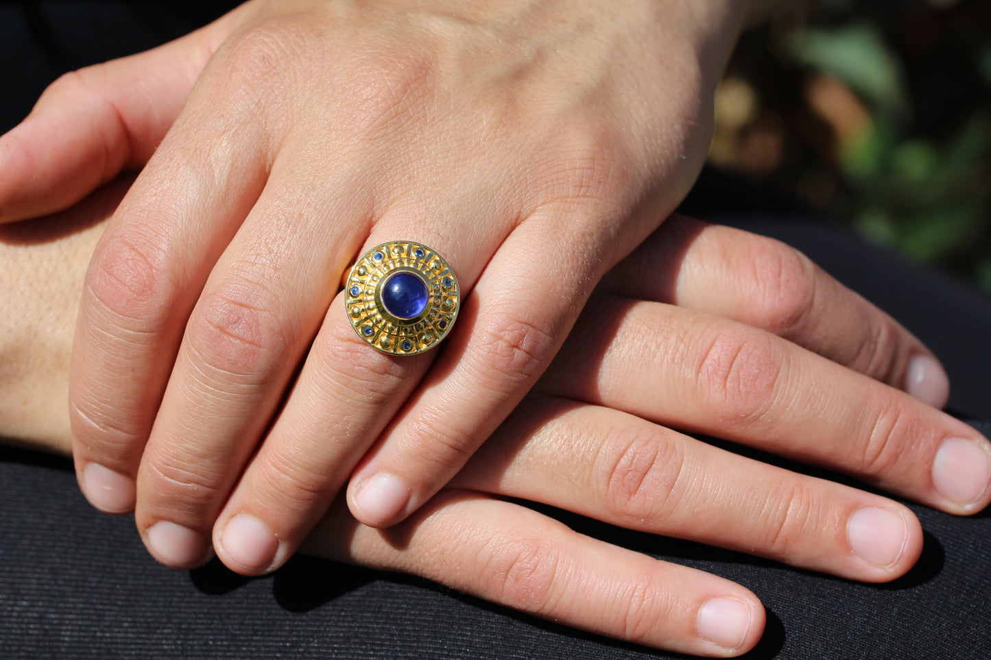 Blue Sapphire Medallion Ring - 24k Gold Plated - Adjustable Size #298
