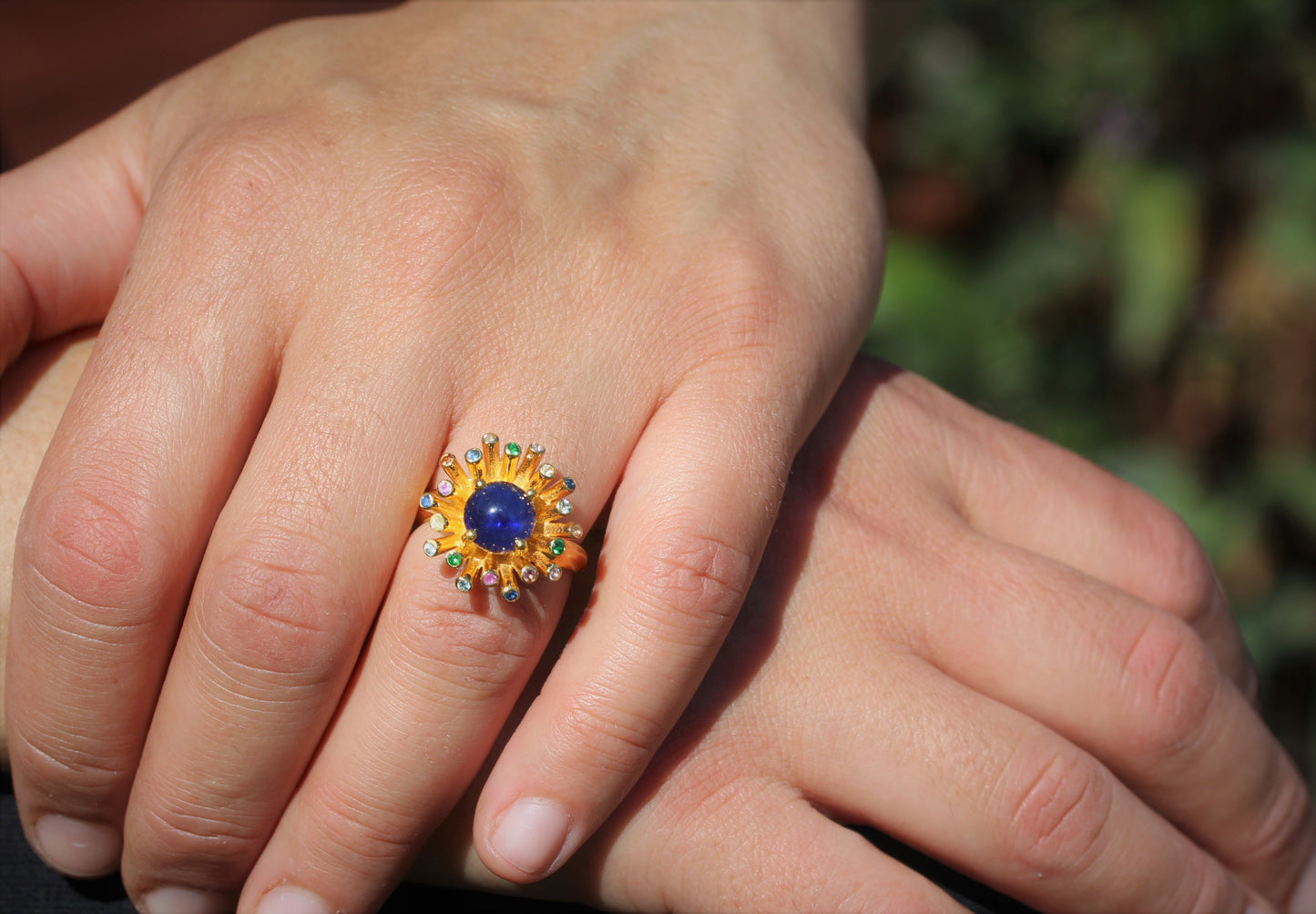 Blue Sapphire Starburst Ring - 24k Gold Plated Silver - Adjustable Size #305