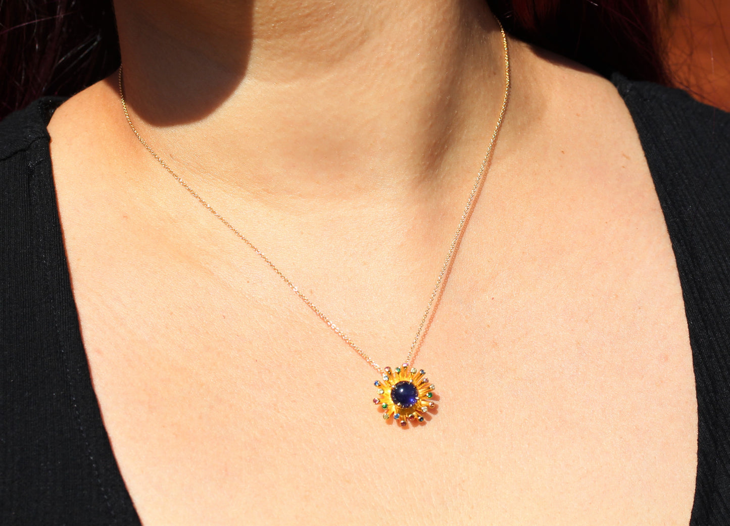 Blue Sapphire Starburst Pendant- 24k Gold Plated Silver - #306
