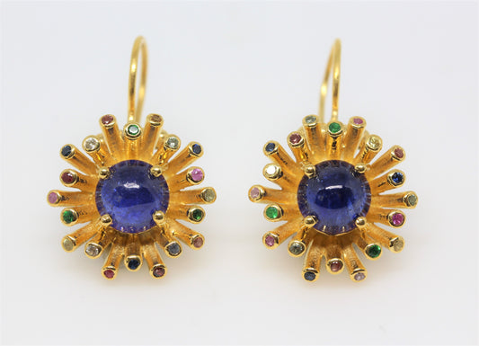 Blue Sapphire Dangle Earrings 24k Gold Plated Sterling Silver #307