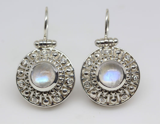 Moonstone Medallion Dangle Earrings Sterling Silver #308