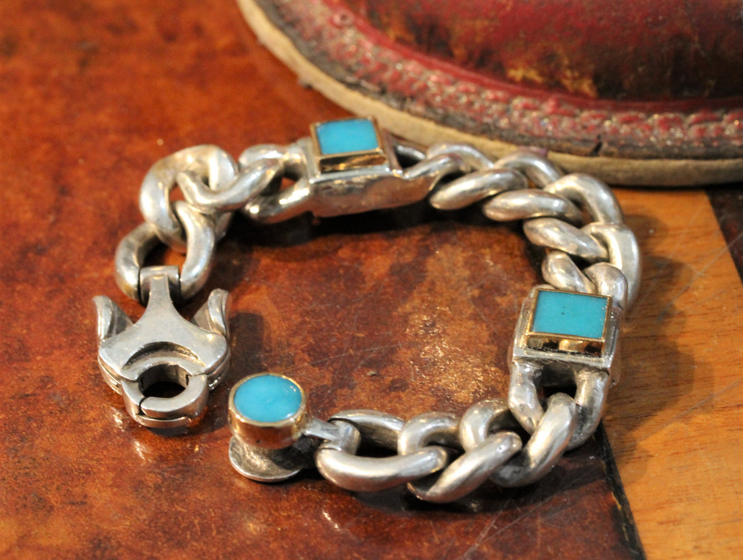 Men's' Turquoise Sterling Silver Link Bracelet #311
