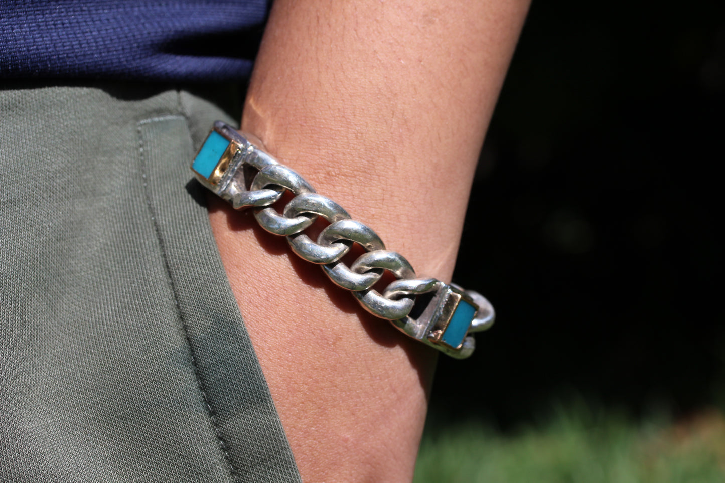 Men's' Turquoise Sterling Silver Link Bracelet #311