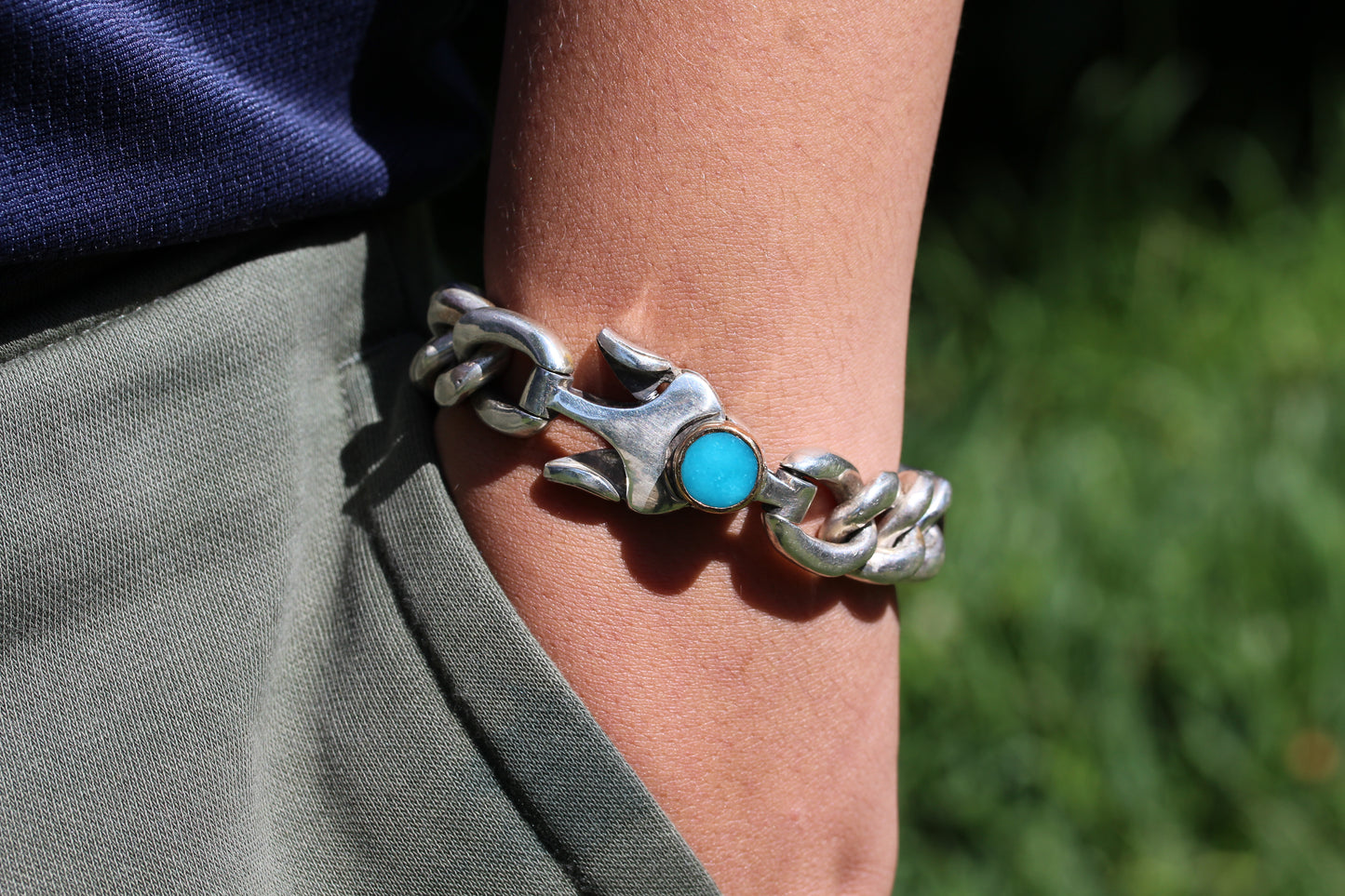 Men's' Turquoise Sterling Silver Link Bracelet #311