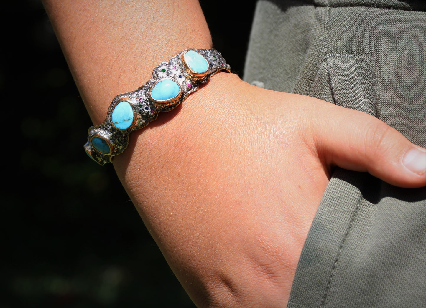 Men's Rustic Silver & Gold Turquoise Gemstone Cuff Bracelet #315