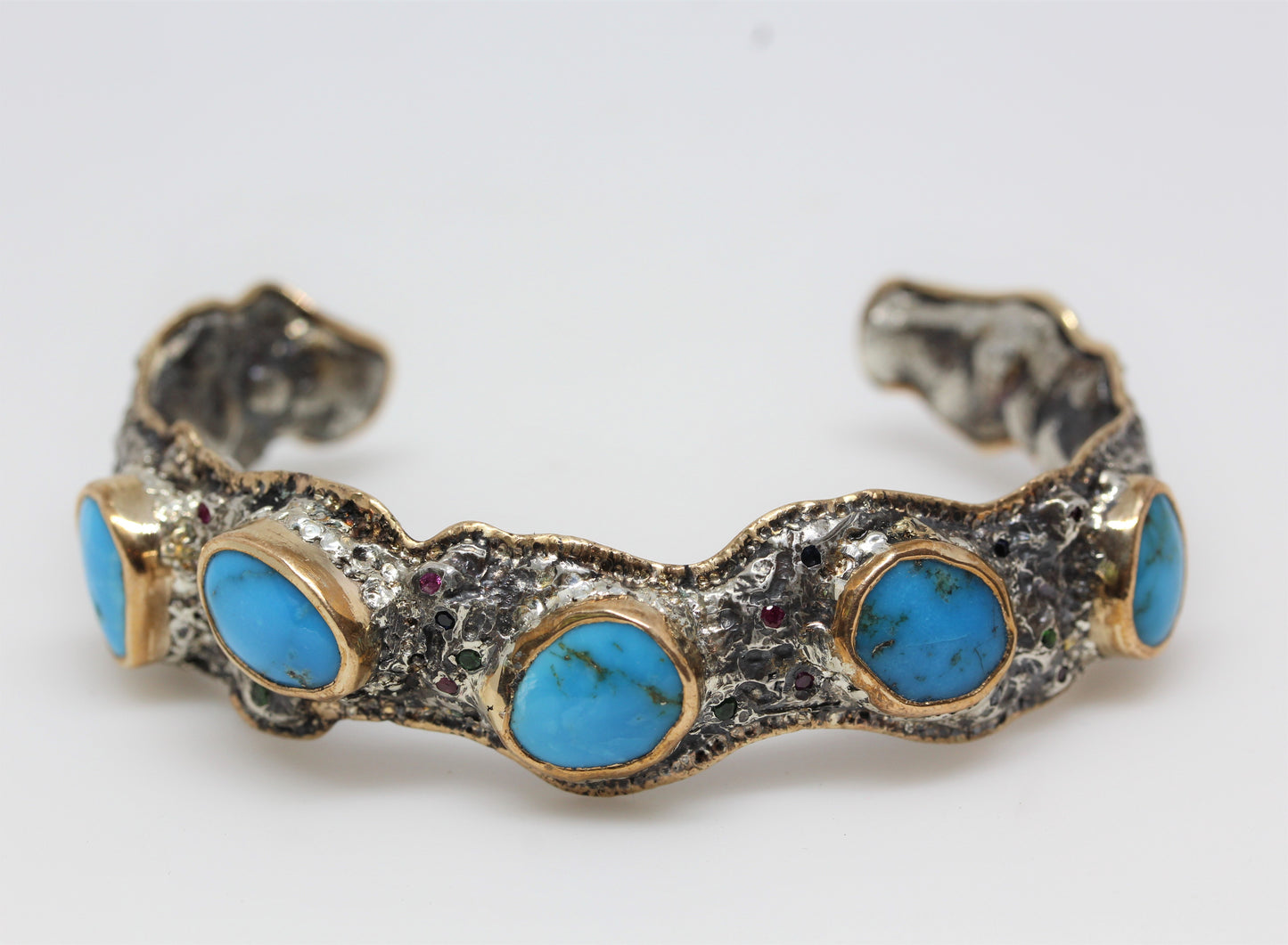 Men's Rustic Silver & Gold Turquoise Gemstone Cuff Bracelet #315