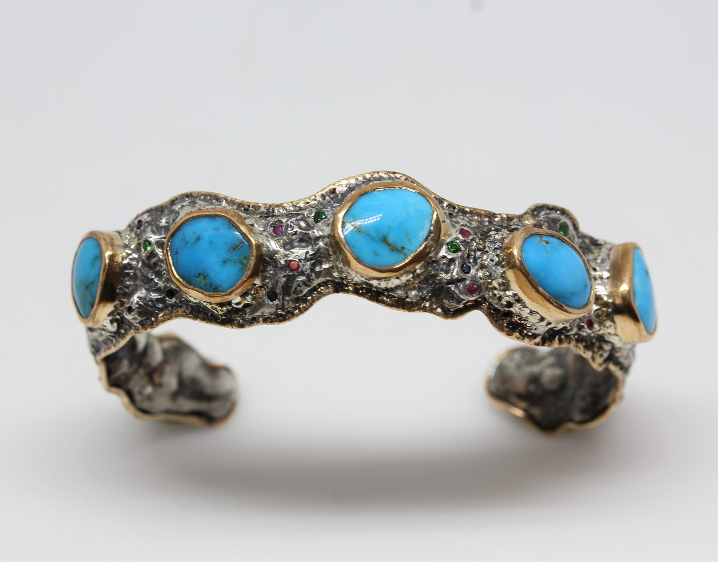 Men's Rustic Silver & Gold Turquoise Gemstone Cuff Bracelet #315