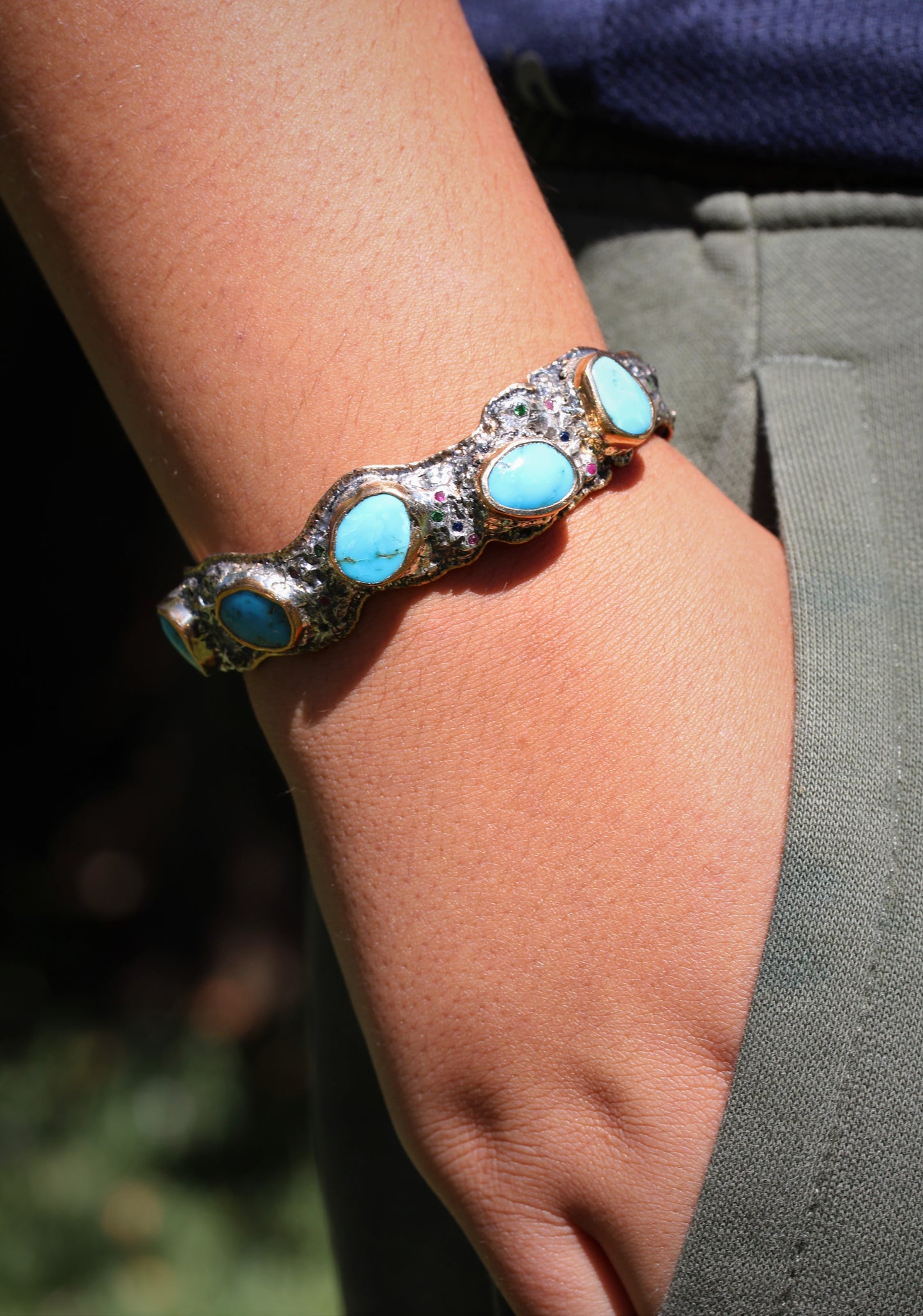 Men's Rustic Silver & Gold Turquoise Gemstone Cuff Bracelet #315