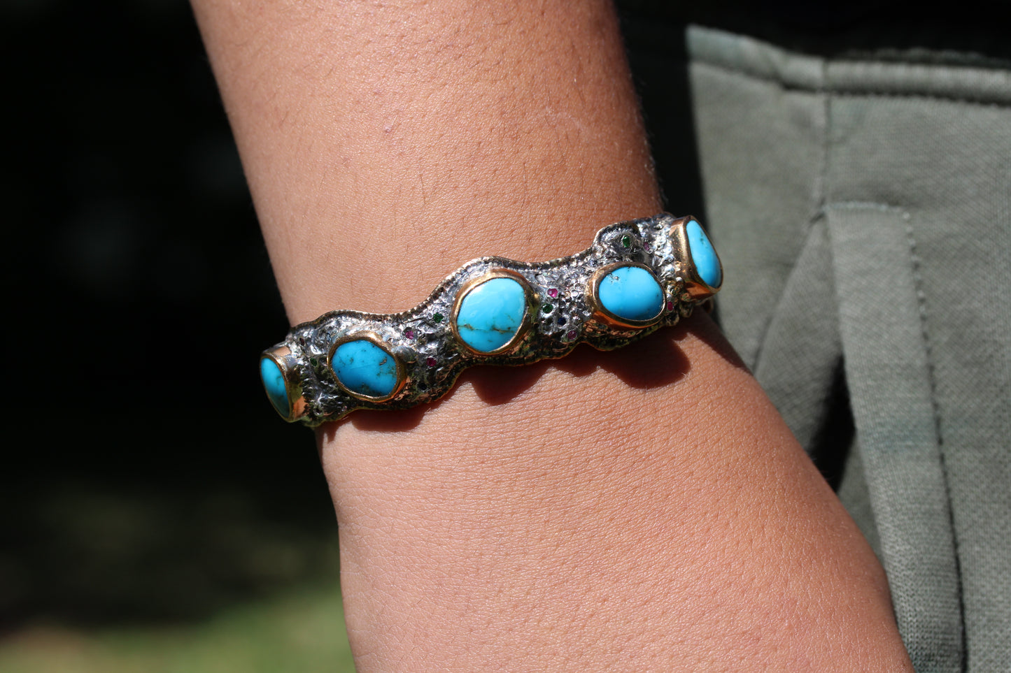 Men's Rustic Silver & Gold Turquoise Gemstone Cuff Bracelet #315