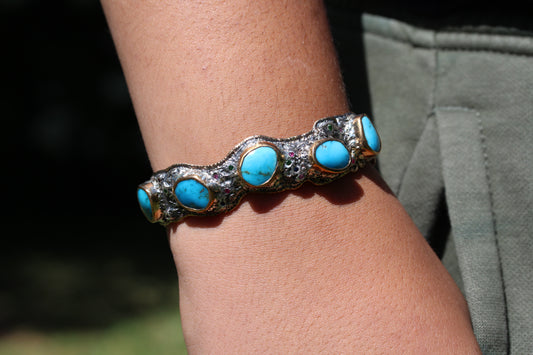 Men's Rustic Silver & Gold Turquoise Gemstone Cuff Bracelet #315