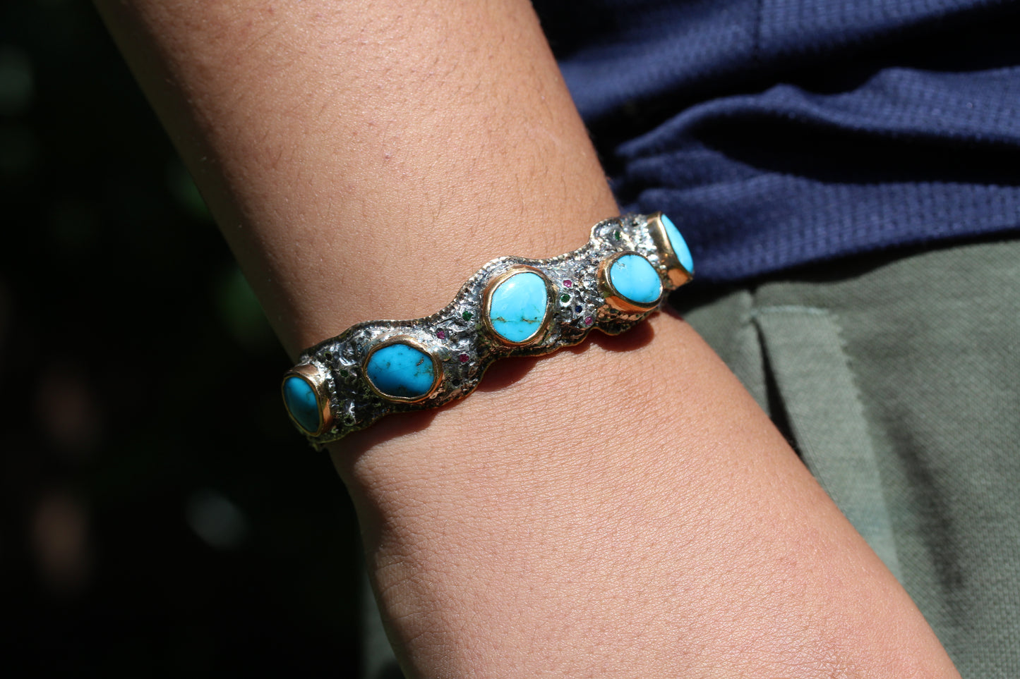 Men's Rustic Silver & Gold Turquoise Gemstone Cuff Bracelet #315