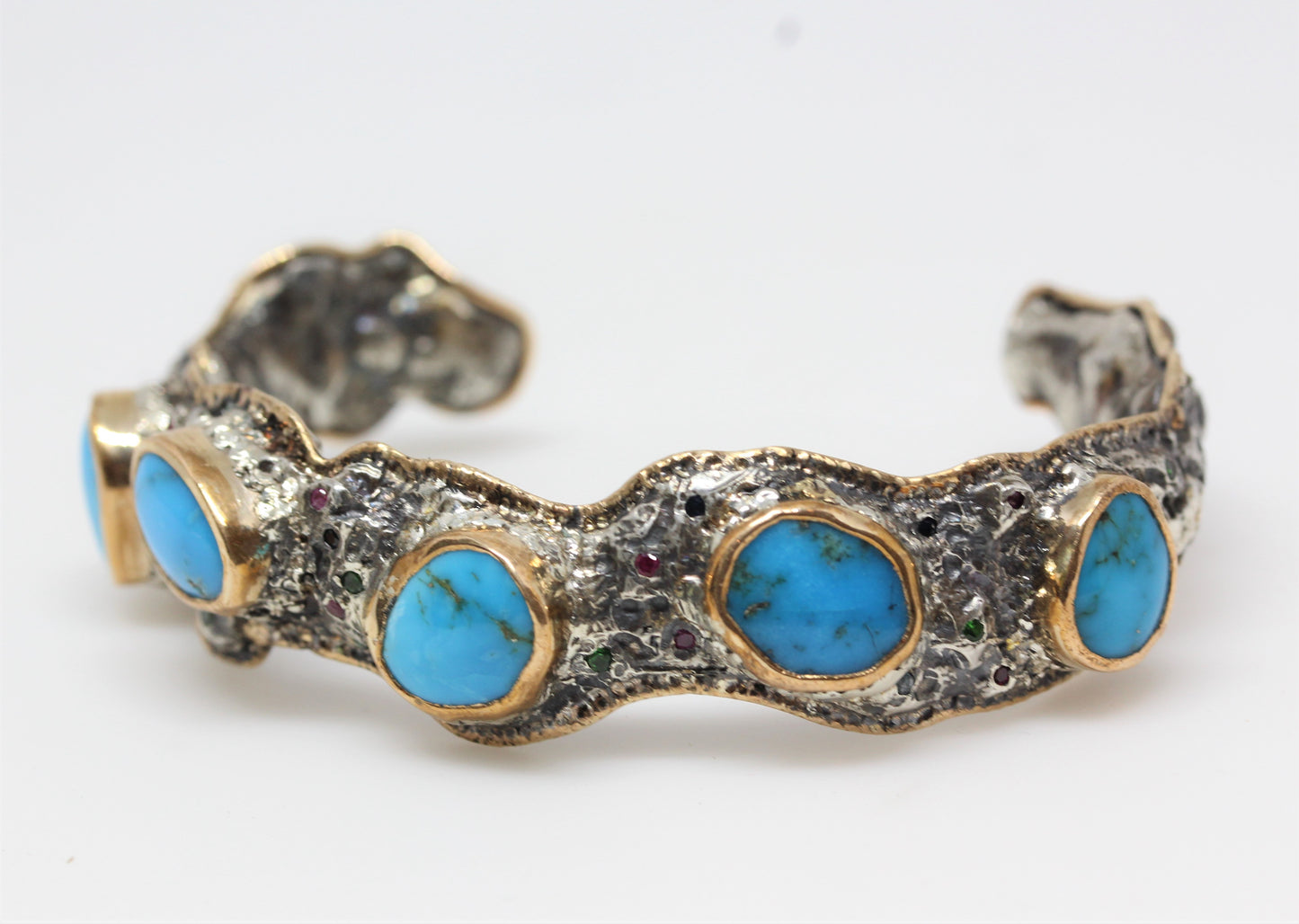 Men's Rustic Silver & Gold Turquoise Gemstone Cuff Bracelet #315