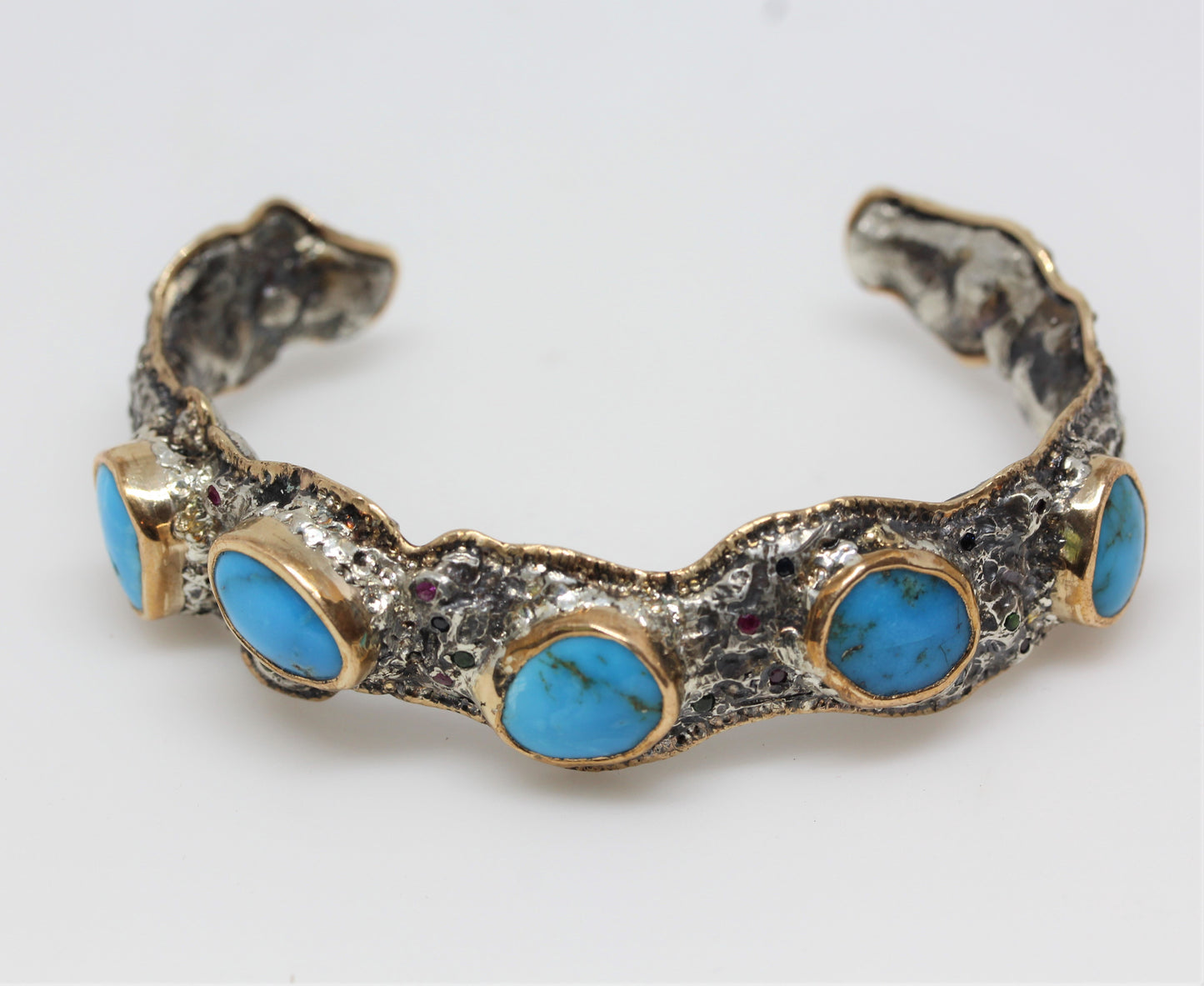 Men's Rustic Silver & Gold Turquoise Gemstone Cuff Bracelet #315