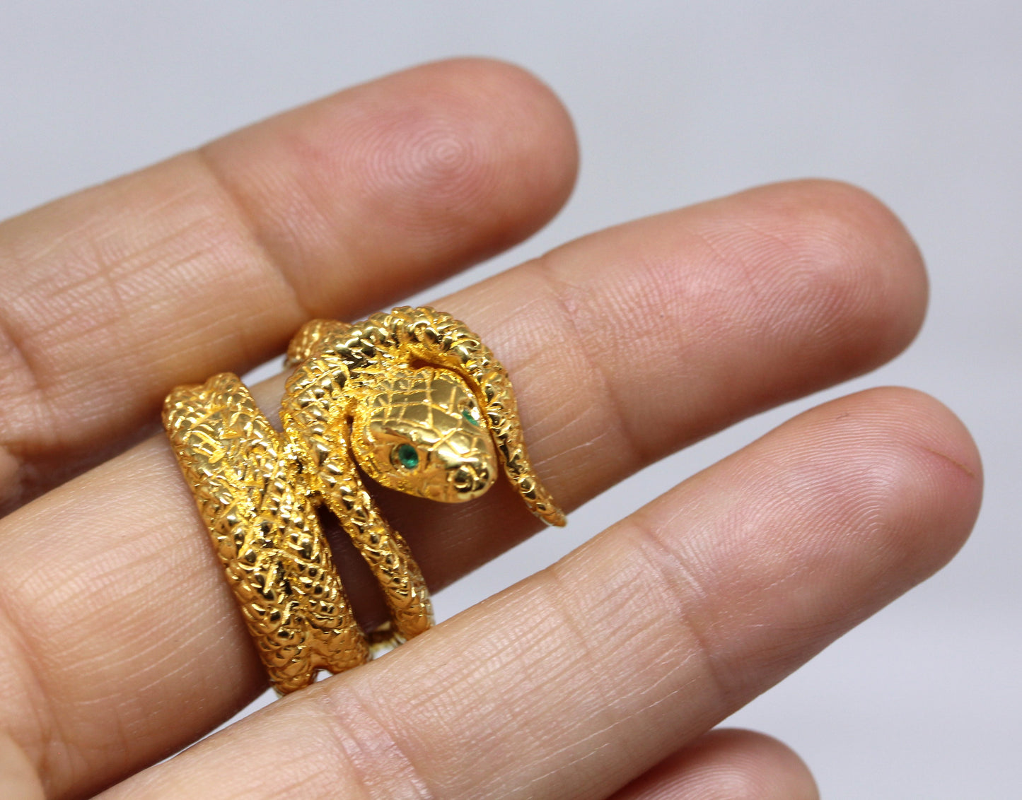 Snake Ring with Emerald Eyes 24k Yellow Gold Vermeil #327