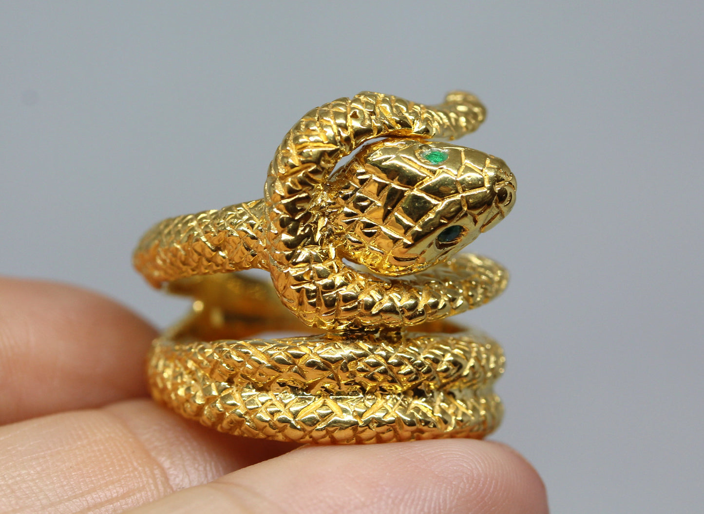 Snake Ring with Emerald Eyes 24k Yellow Gold Vermeil #327