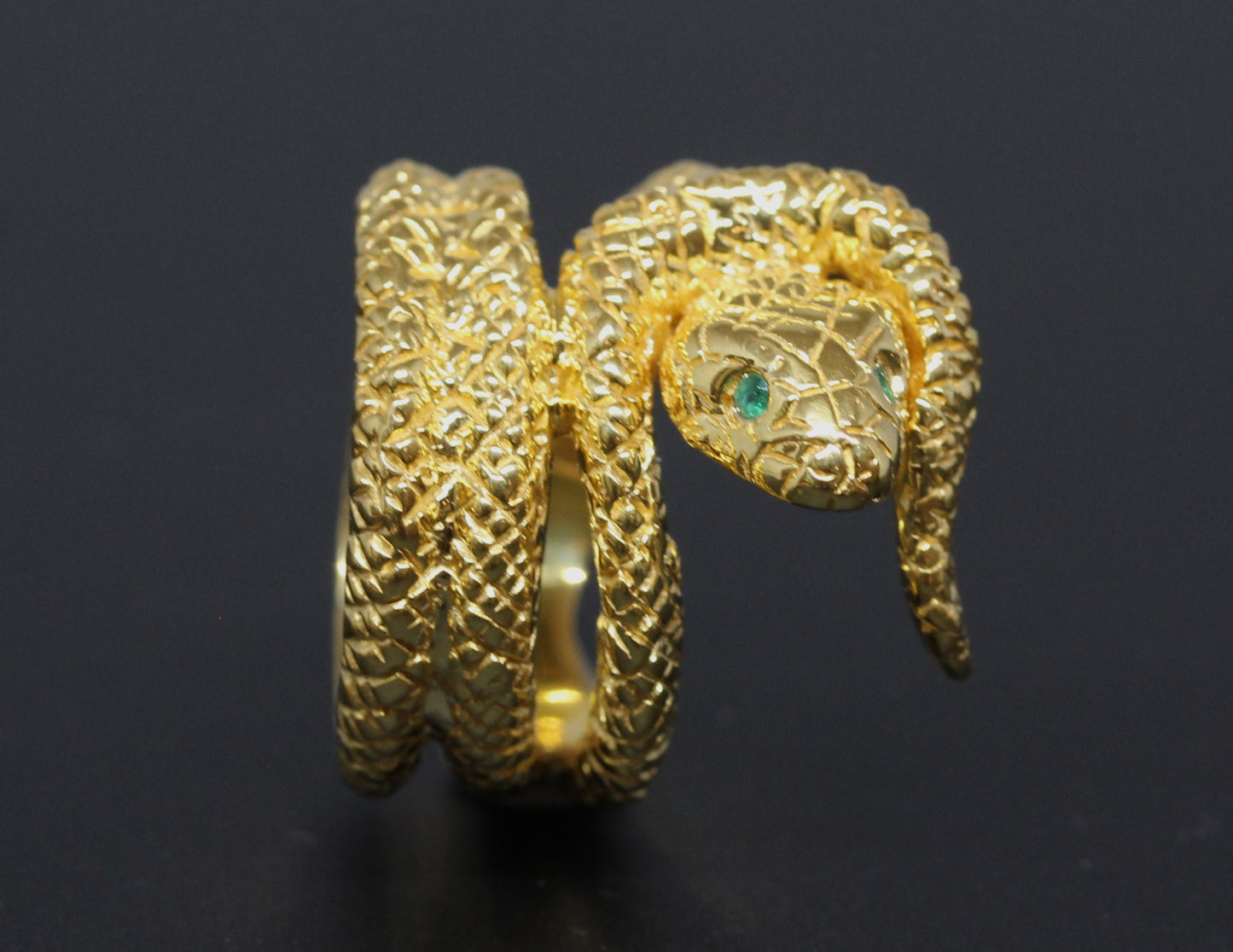 Snake Ring with Emerald Eyes 24k Yellow Gold Vermeil #327