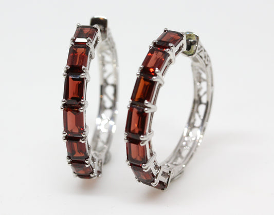 Red Garnet Gemstone Hoop Earrings Sterling Silver #333