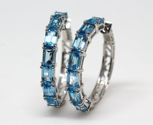 Blue Topaz Gemstone Hoop Earrings Sterling Silver #334