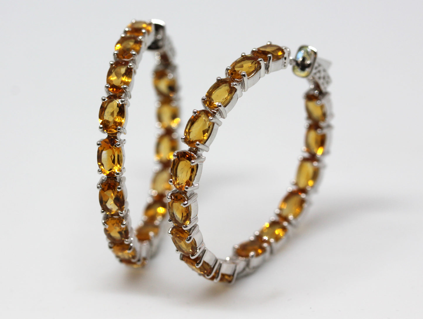 Natural Yellow Citrine Gemstone Hoop Earrings Sterling Silver #336