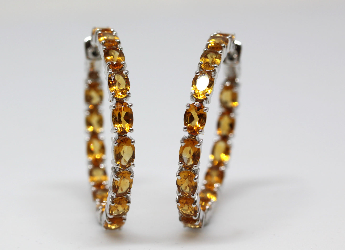 Natural Yellow Citrine Gemstone Hoop Earrings Sterling Silver #336