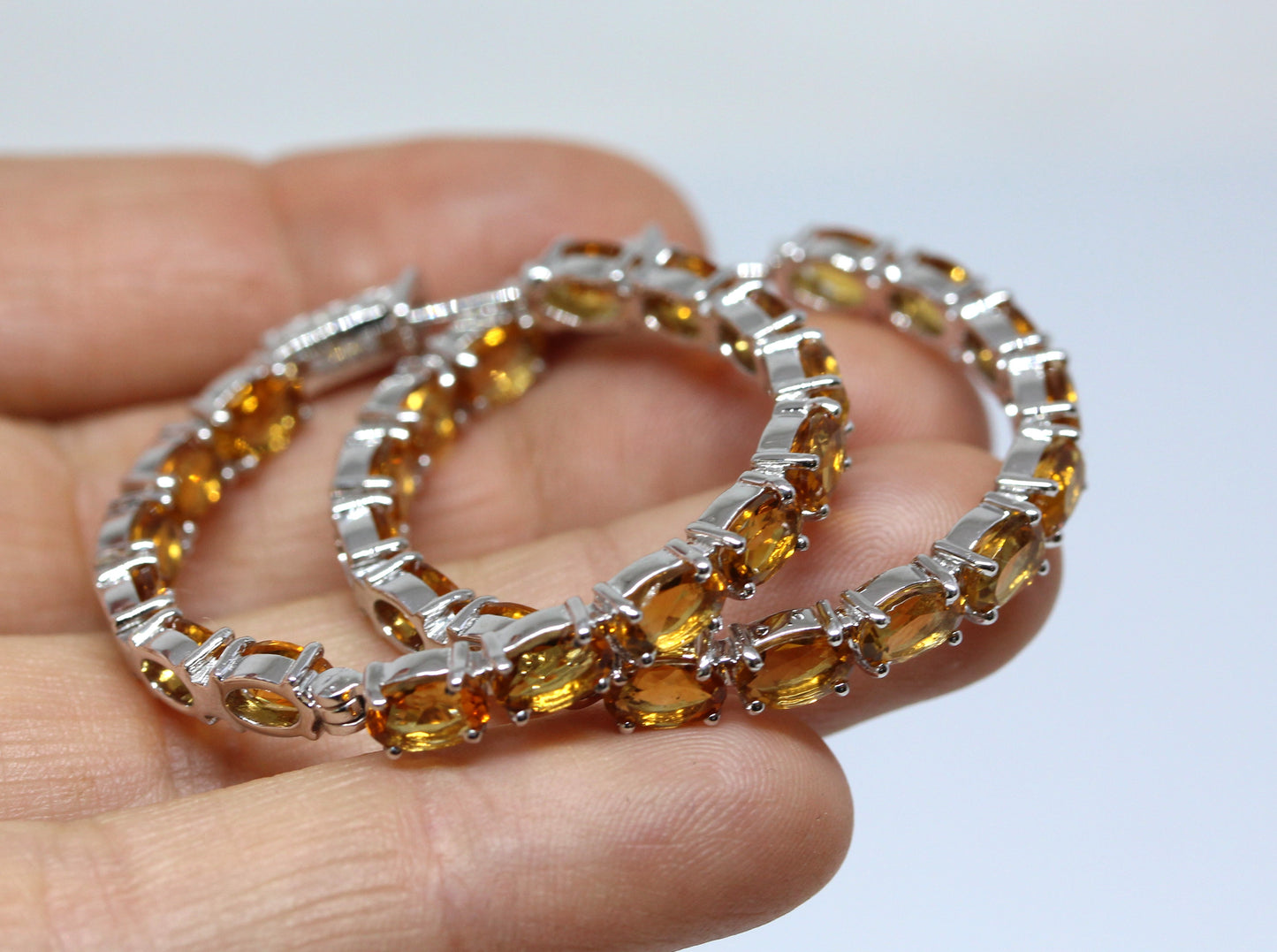 Natural Yellow Citrine Gemstone Hoop Earrings Sterling Silver #336