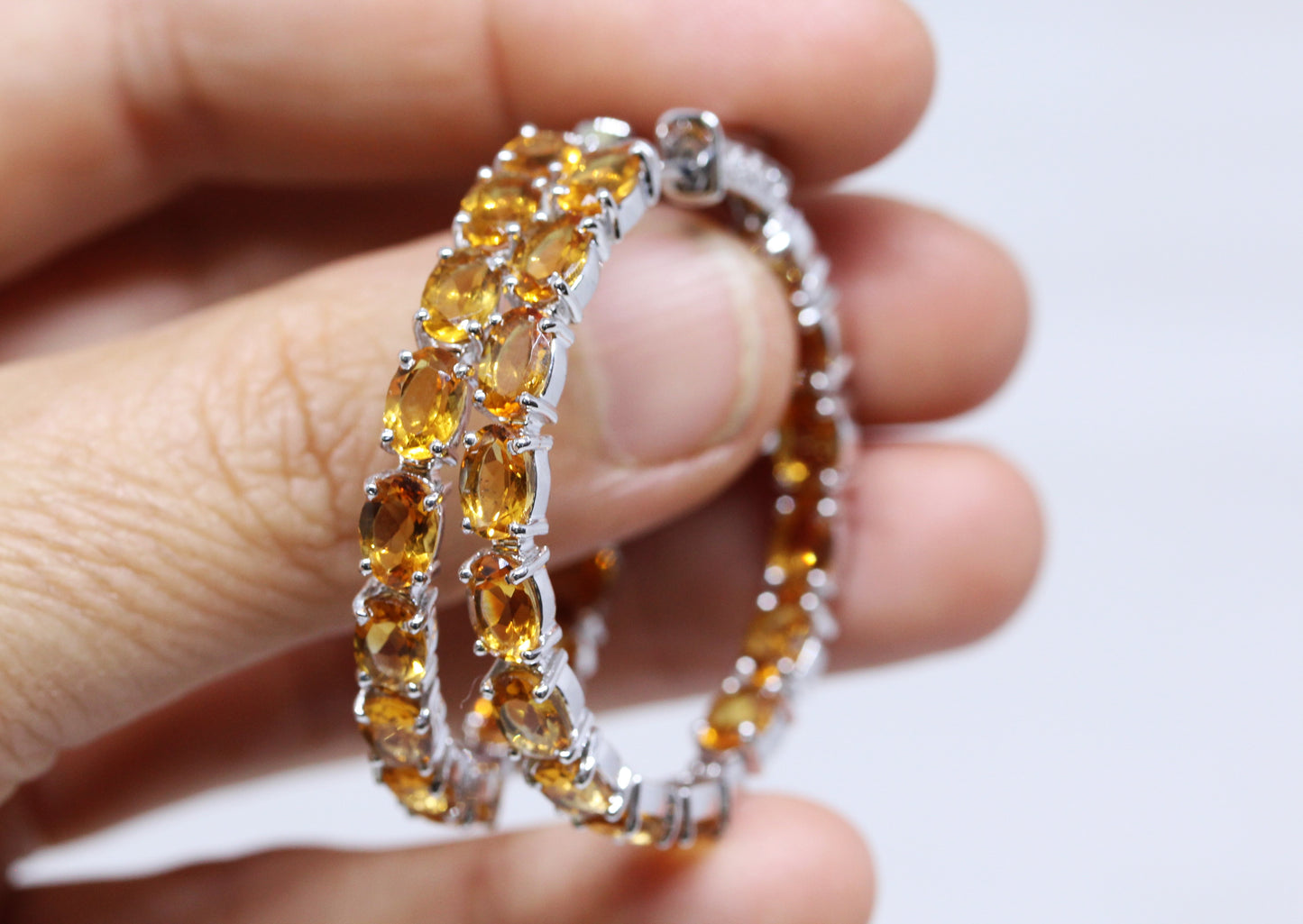 Natural Yellow Citrine Gemstone Hoop Earrings Sterling Silver #336