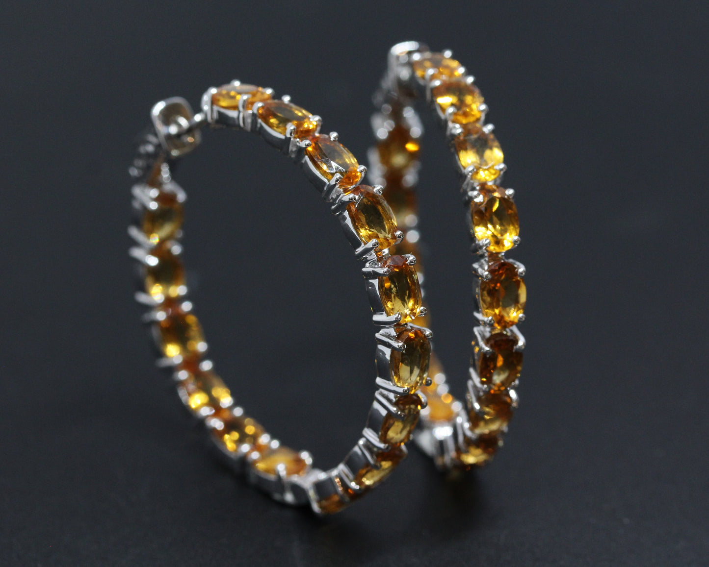 Natural Yellow Citrine Gemstone Hoop Earrings Sterling Silver #336