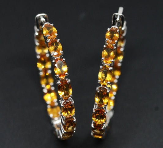 Natural Yellow Citrine Gemstone Hoop Earrings Sterling Silver #336