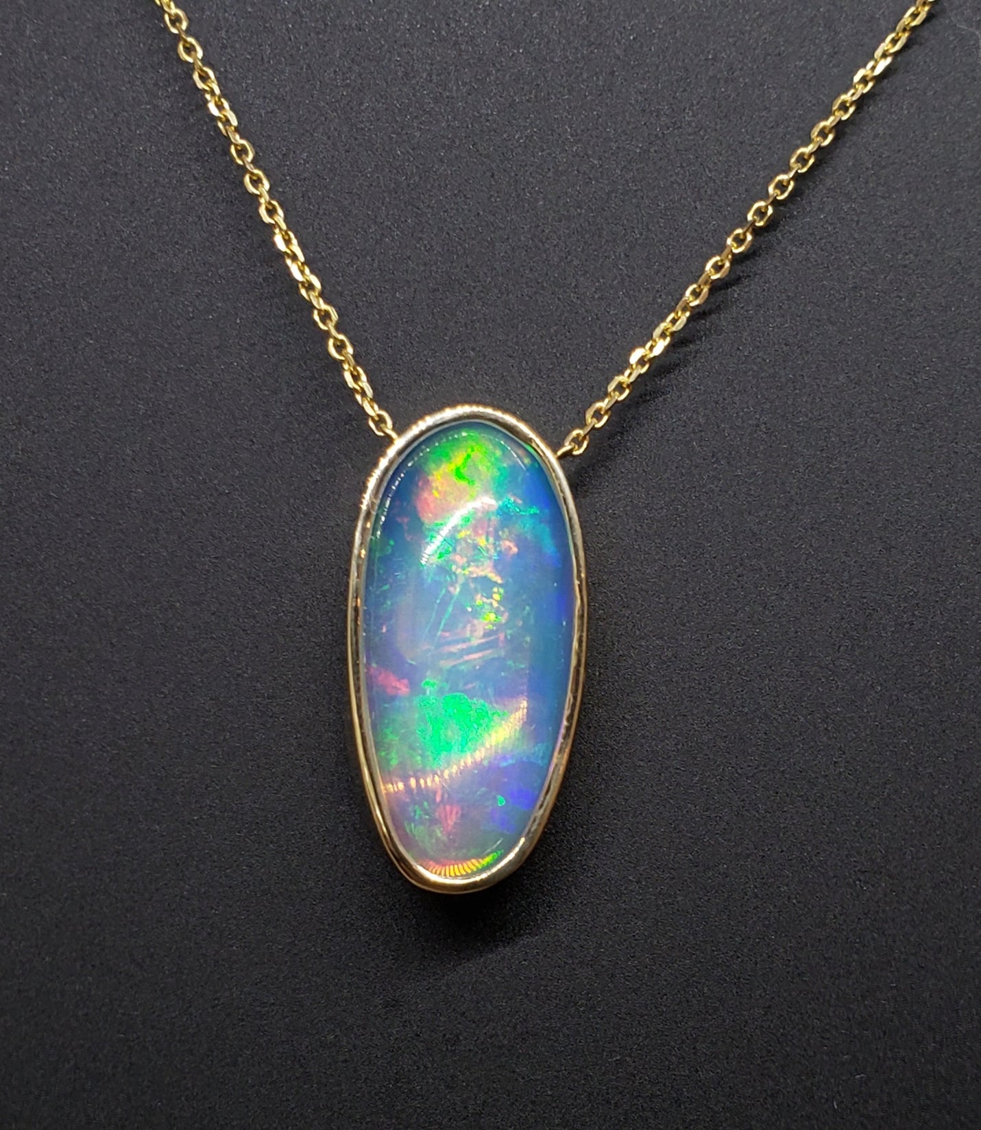 Natural Blue Green Opal Pendant 14k Yellow Gold Split Chain