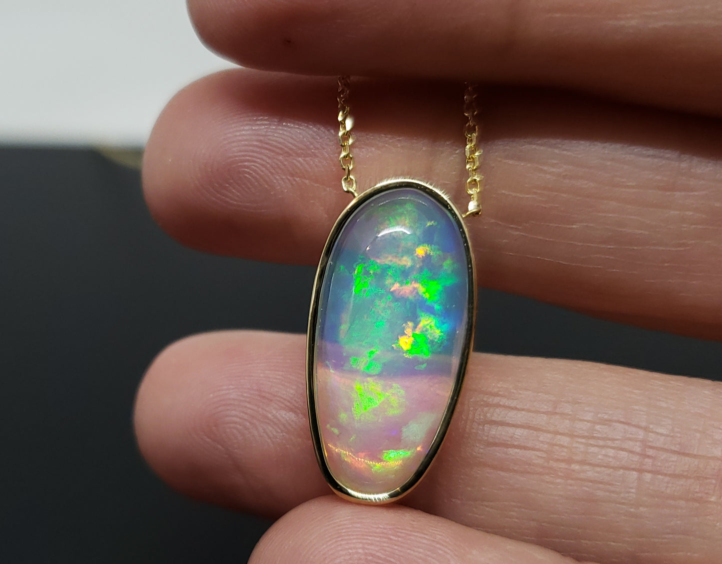 Natural Blue Green Opal Pendant 14k Yellow Gold Split Chain Necklace #145