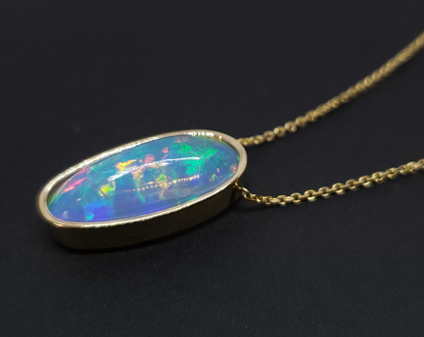 Natural Blue Green Opal Pendant 14k Yellow Gold Split Chain Necklace #145